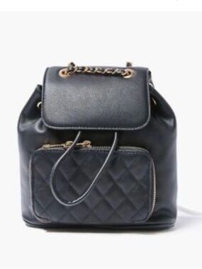 Forever 21 Black Quilted Front Drawstring Backpack with Gold Chain
